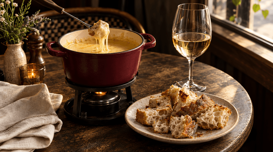 Cheese fondue, crusty bread, and a glass of white wine on a bistro table.